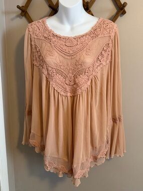 Ultra Pink Peach Crochet Lace Mesh Boho Tunic Top Large